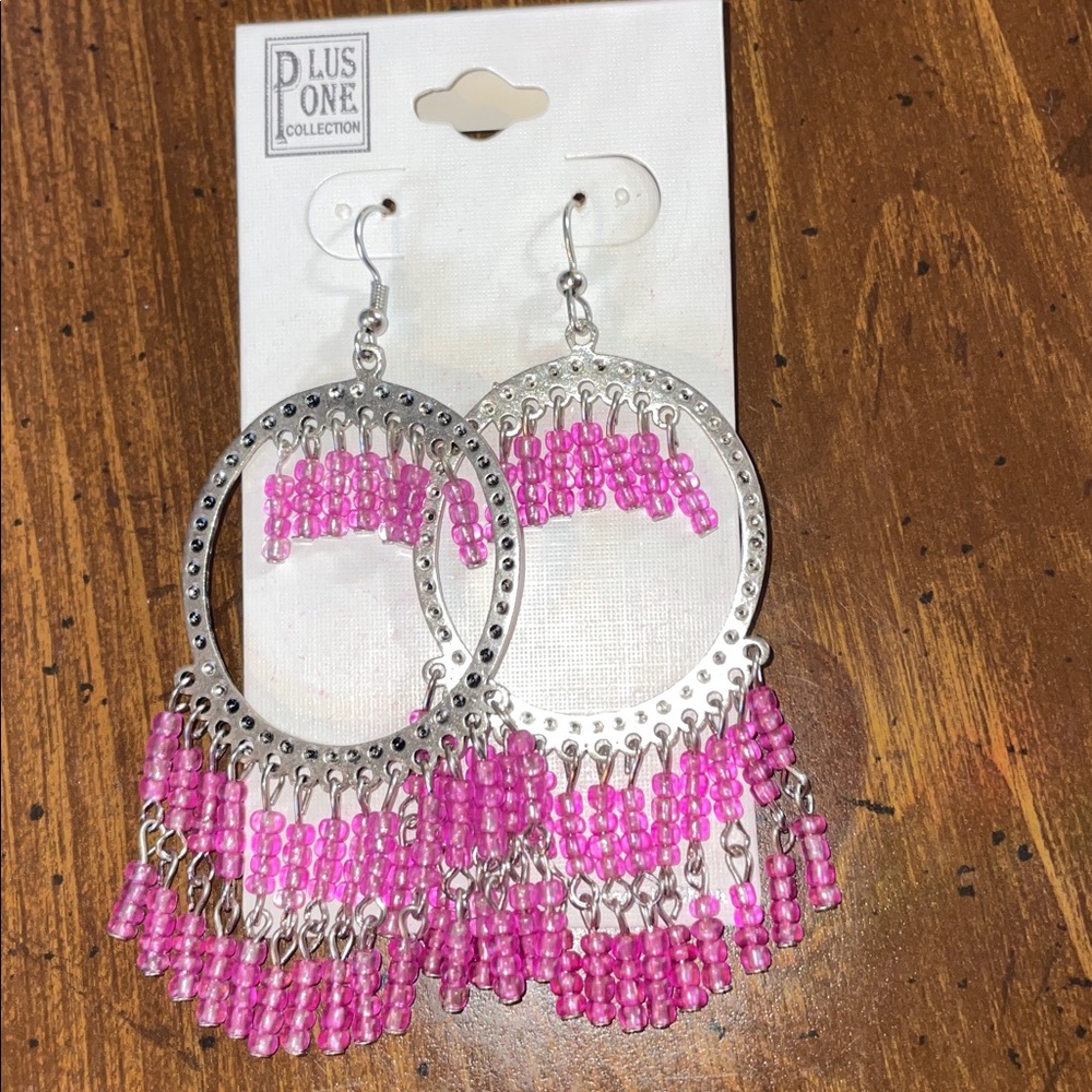 Pink Beaded Hoop Earrings